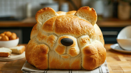 Artisanal bear shaped bread loaf displayed on rustic tabletop, Ai Generatedの素材
