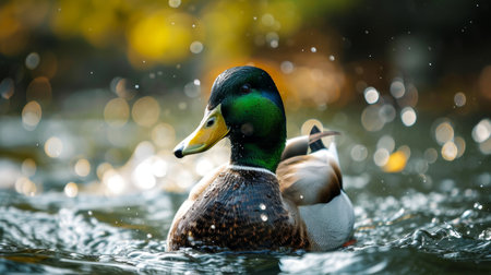 Peaceful duck paddles leisurely in the calm waters of the pond, Ai Generated.の素材