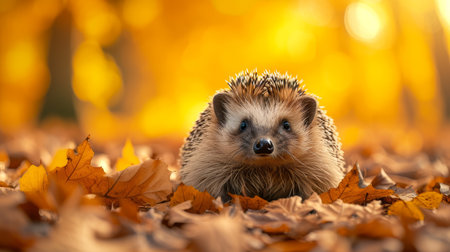 Adorable hedgehog enjoys the autumn foliage, nestled in a picturesque fall landscape, Ai Generated.の素材