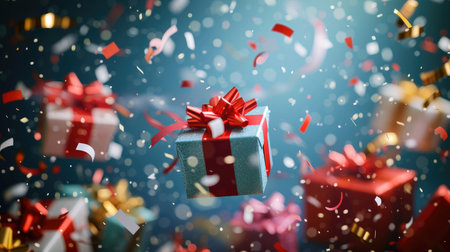 Vibrant gift boxes, confetti in the air, wishing Merry New Year and Merry Christmas, Ai Generated.の素材