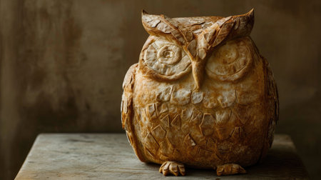 Artisanal owl shaped bread loaf displayed on rustic tabletop, Ai Generatedの素材