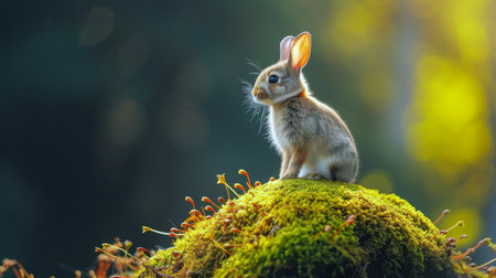 Adorable rabbit perches on a mossy rock, its ears alert, blending into the natural surroundings, Ai Generated.の素材