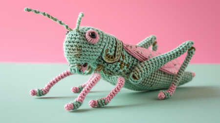 Vibrant handmade crochet grasshopper, perfect for kids and decor, Ai Generatedの素材