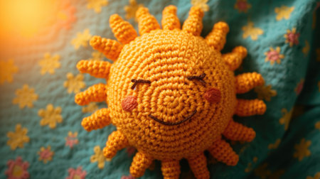 Vibrant handmade crochet sun, perfect for kids and decor, Ai Generatedの素材