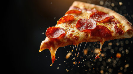 A tasty slice of pepperoni pizza in mid-air against a black backdrop, Ai Generated.の素材