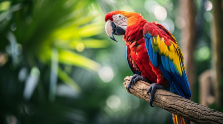 Exotic parrot rests on a branch, its vivid feathers adding a burst of color to the scene, Ai Generated.の素材