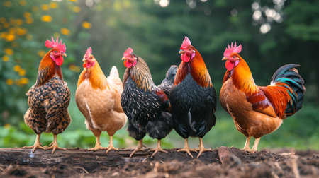 Chickens explore the forest floor, their presence adding to the tranquility of nature, Ai Generated.の素材