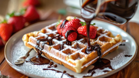 Irresistible Belgian waffles, perfectly baked, drizzled with decadent chocolate syrup, Ai Generated.の素材