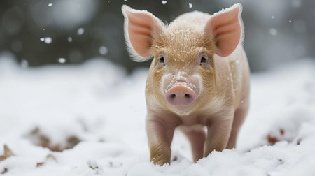 Cute piglet balances on snowy ground, its pink snout poking out against the wintry landscape, Ai Generated.の素材