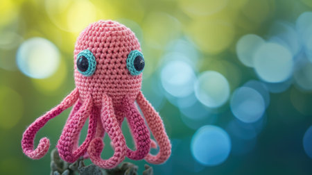 Vibrant handmade crochet squid, perfect for kids and decor, Ai Generatedの素材