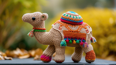 Vibrant handmade crochet camel, perfect for kids and decor, Ai Generatedの素材