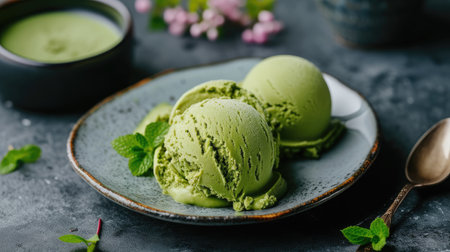Two scoops of matcha green tea ice cream on a plate, a delightful duo, Ai Generated.の素材