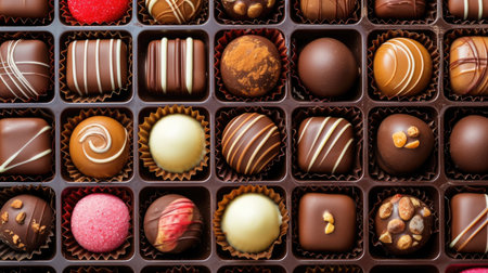 A box filled with various chocolate sweets arranged in neat rows. Indulgent, Ai Generated.の素材