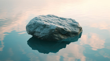 Peaceful scene of a rock suspended on water, casting a serene reflection, Ai Generatedの素材