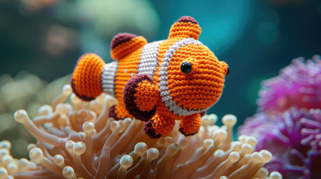 Vibrant handmade crochet clownfish, perfect for kids and decor, Ai Generatedの素材