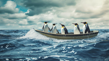 Penguins navigate the sea in a boat, forced to adapt to changing environments, Ai Generated.の素材