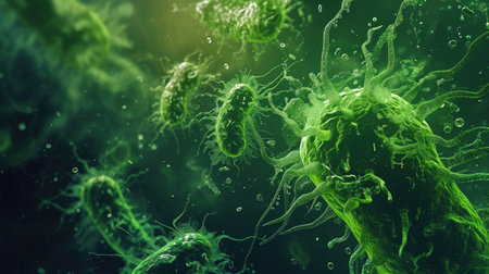 In a battle within, menacing green bacteria and viruses wreak havoc on the body's systems. Ai Generated.の素材
