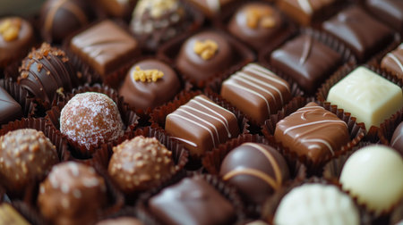 A box filled with various chocolate sweets arranged in neat rows. Indulgent, Ai Generated.の素材