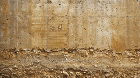 Sturdy rammed earth wall displays compact layers in natural earth tones. Textured, Ai Generated.の素材