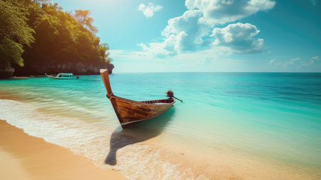 Tranquil summer scene of a tropical island and boat in the ocean, a beautiful getaway, Ai Generated.の素材