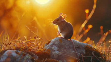 Small mouse sits atop a rock, basking in the warm glow of the setting sun, Ai Generated.の素材