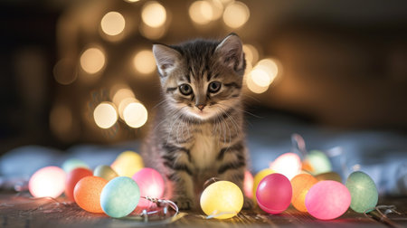Adorable kitten gazes at a bunch of lit up eggs, captivated by the glowing display, Ai Generated.の素材