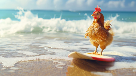 Adventurous chicken surfer catches waves, embodying summer joy and beach excitement, Ai Generated.の素材