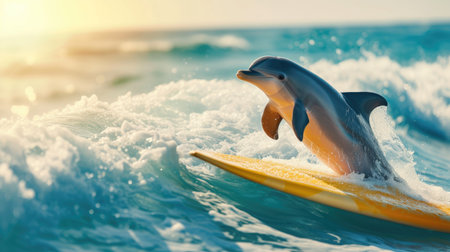 Adventurous dolphin surfer catches waves, embodying summer joy and beach excitement, Ai Generated.の素材
