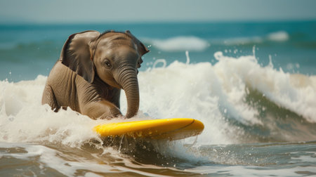 Adventurous elephant surfer catches waves, embodying summer joy and beach excitement, Ai Generated.の素材