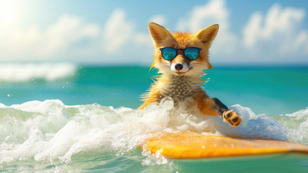 Adventurous fox surfer catches waves, embodying summer joy and beach excitement, Ai Generated.の素材