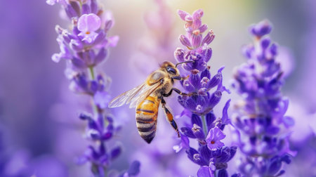 Bee gathers nectar from a purple wildflower in a captivating close-up macro shot, Ai Generated.の素材