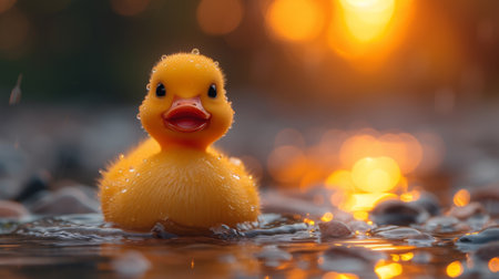 Vibrant close-up captures a rubber duck bobbing on water, a playful splash of color, Ai Generated.の素材