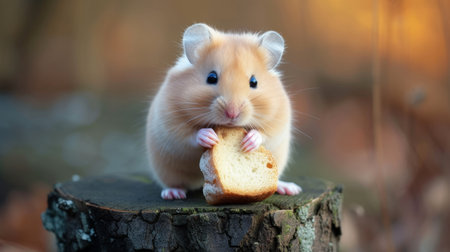Curious hamster perches on a stump, bread within reach, exploring its environment, Ai Generated.の素材