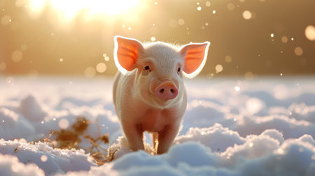Cute piglet balances on snowy ground, its pink snout poking out against the wintry landscape, Ai Generated.の素材
