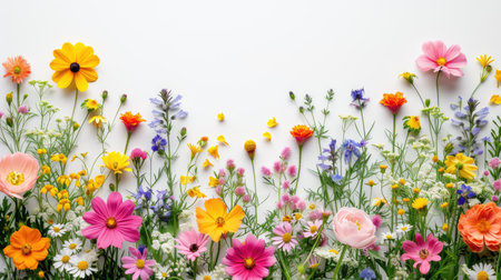 Frame adorned with vibrant flowers set on a pure white backdrop, creating a cheerful display, Ai Generated.の素材