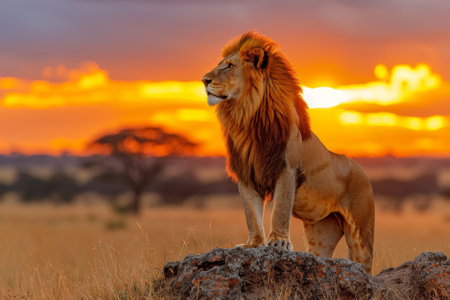 Powerful lion surveys its kingdom from atop a rocky outcrop, regal and majestic, Ai Generated.の素材