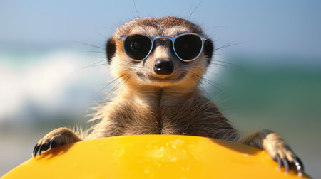 Adventurous Meerkat surfer catches waves, embodying summer joy and beach excitement, Ai Generated.の素材