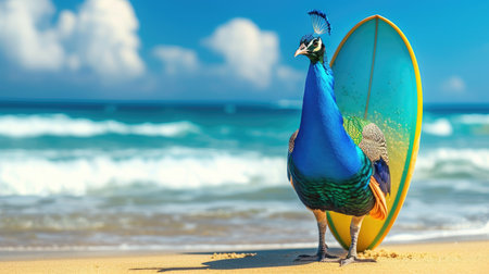 Adventurous peacock surfer catches waves, embodying summer joy and beach excitement, Ai Generated.の素材