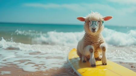 Adventurous sheep surfer catches waves, embodying summer joy and beach excitement, Ai Generated.の素材