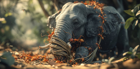 Conceptual artwork featuring an ant and an elephant collaborating, showcasing the strength of unity and teamwork, Ai Generated.の素材