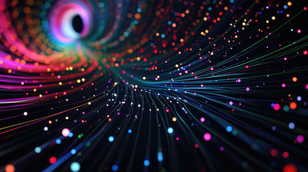 Dynamic interplay of discs, dots, and swirling colorful lines against a vast black space. Ai Generated.の素材