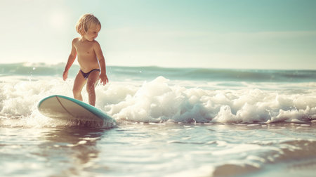 Adventurous kid surfer catches waves, embodying summer joy and beach excitement, Ai Generated.の素材