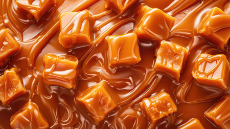 Indulgent caramel candies with sauce backdrop. Luxurious sweetness, Ai Generated.の素材