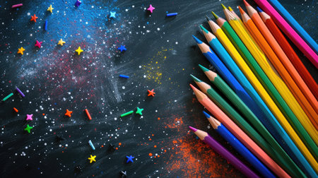 Chalkboard featuring pencils set against a cosmos sky with stars, evoking imagination and inspiration, Ai Generated.の素材