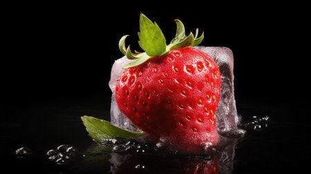 Frozen strawberry trapped in an ice cube, contrasting beautifully with a black backdrop, Ai Generated.の素材