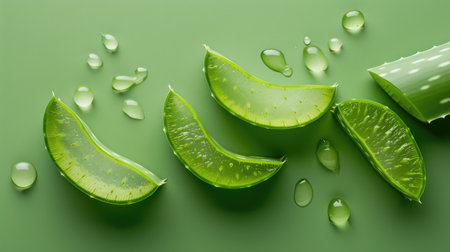 Aloe vera slices arranged on a verdant green backdrop, highlighting the plant's soothing and rejuvenating properties, Ai Generated.の素材