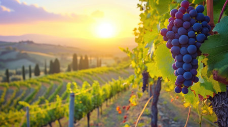 Sunset illuminates ripe grapes in a picturesque Tuscan vineyard, Italy, Ai Generated.の素材