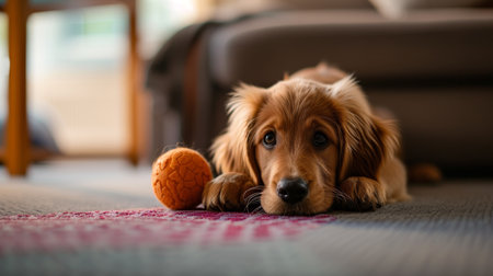 Adorable puppy rests beside a ball on the floor, ready for a game of fetch, Ai Generated.の素材