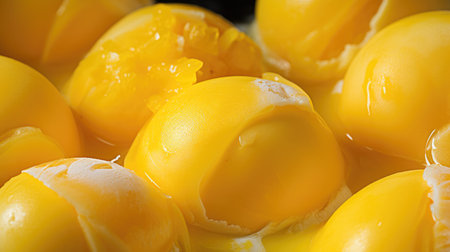 Luscious yellow mango ice cream balls in a close-up view, irresistibly sweet, Ai Generated.の素材