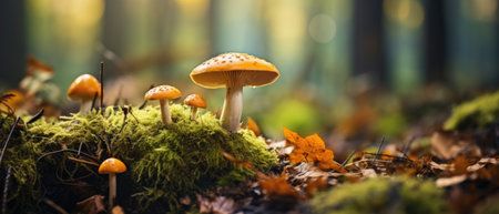 close-up shot of a mushroom growing amidst leaves in a woodland setting, Ai Generated.の素材